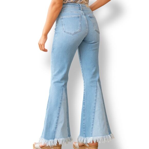 Cello Light Wash Wide Flare Jeans Size 11 Patchwork Panel Raw Hem Y2K Style - Picture 14 of 14